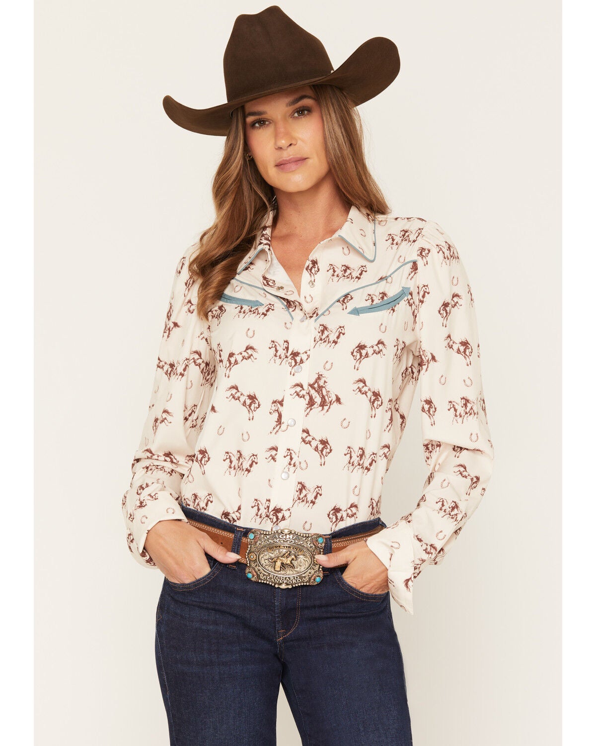 Howdy Hanny Women's Wild Mustang Long Sleeve Pearl Snap Performance Stretch Western Shirt, Ivory, hi-res