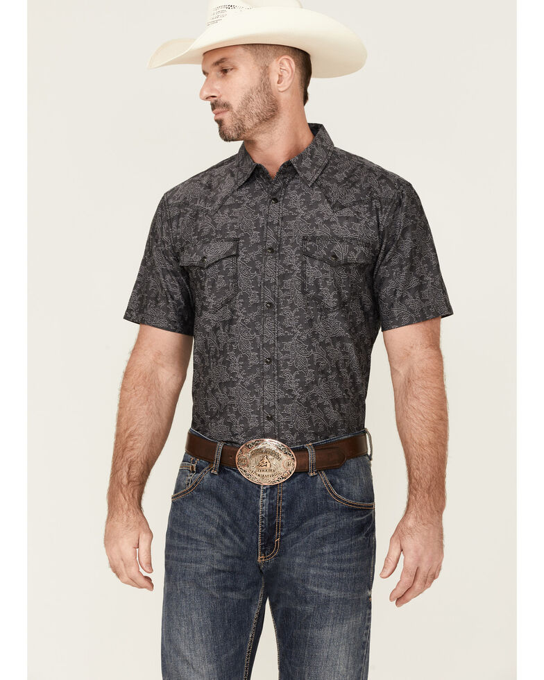 Moonshine Spirit Men's Pub Crawl Paisley Print Short Sleeve Snap Western Shirt , Black, hi-res