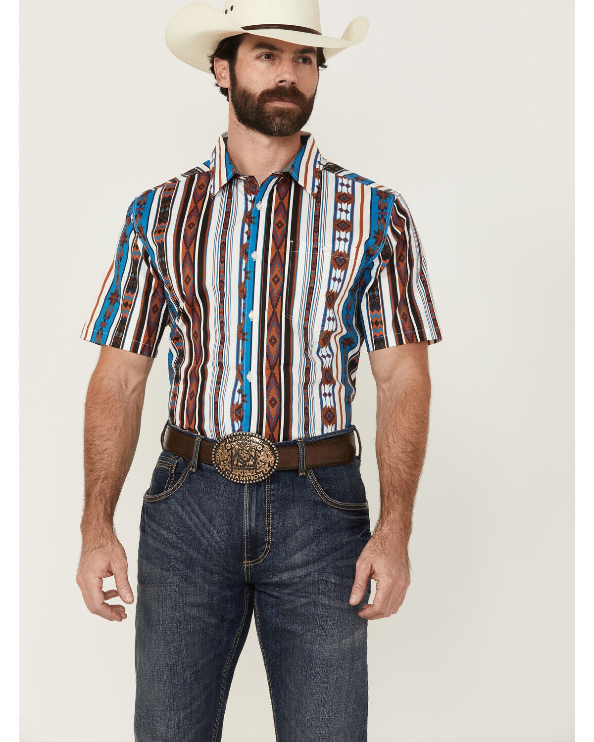 Image #1 - RANK 45&reg; Men's Dylon Southwestern Striped Print Short Sleeve Button-Down Stretch Western Shirt, Multi, hi-res