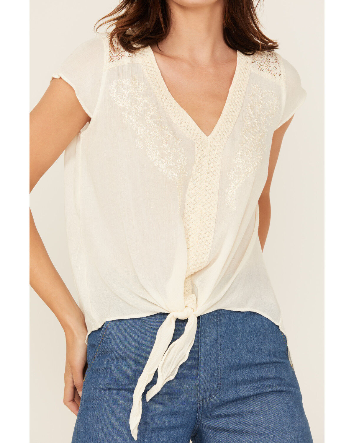 Image #3 - Nostalgia Women's Embroidered Lace Trim Tie-Front Top, Ivory, hi-res