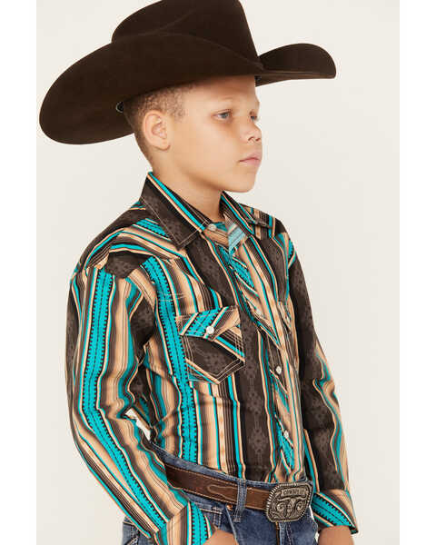 Image #2 - Rock & Roll Denim Boys' Southwestern Stripe Print Long Sleeve Snap Stretch Western Shirt, Chocolate, hi-res