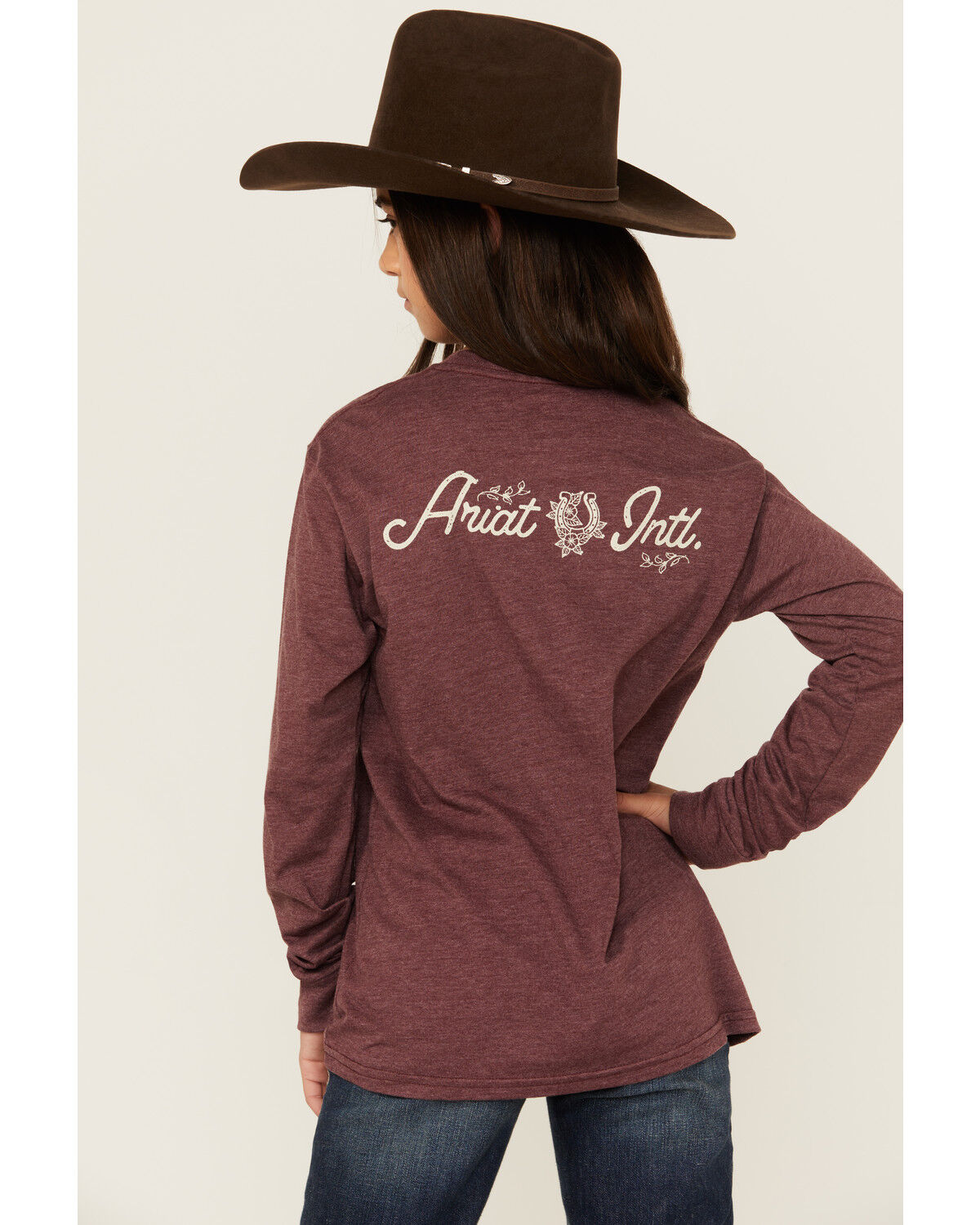Image #4 - Ariat Girls' Horseshoe Long Sleeve Graphic Tee, Maroon, hi-res