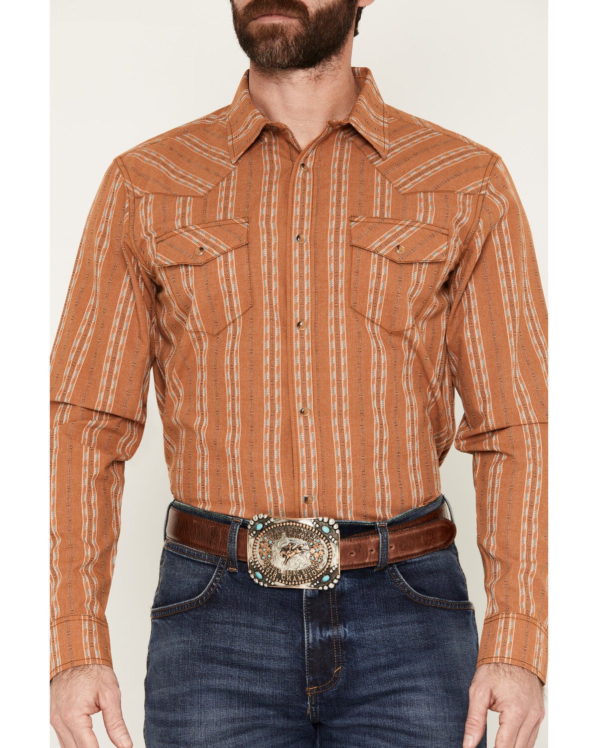 Image #3 - Gibson Trading Co Men's Red Rock Striped Print Long Sleeve Snap Western Shirt - Tall, Rust Copper, hi-res