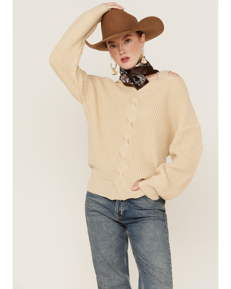 Very J Women's Cable Knit Cut-Out Sweater , Oatmeal, hi-res