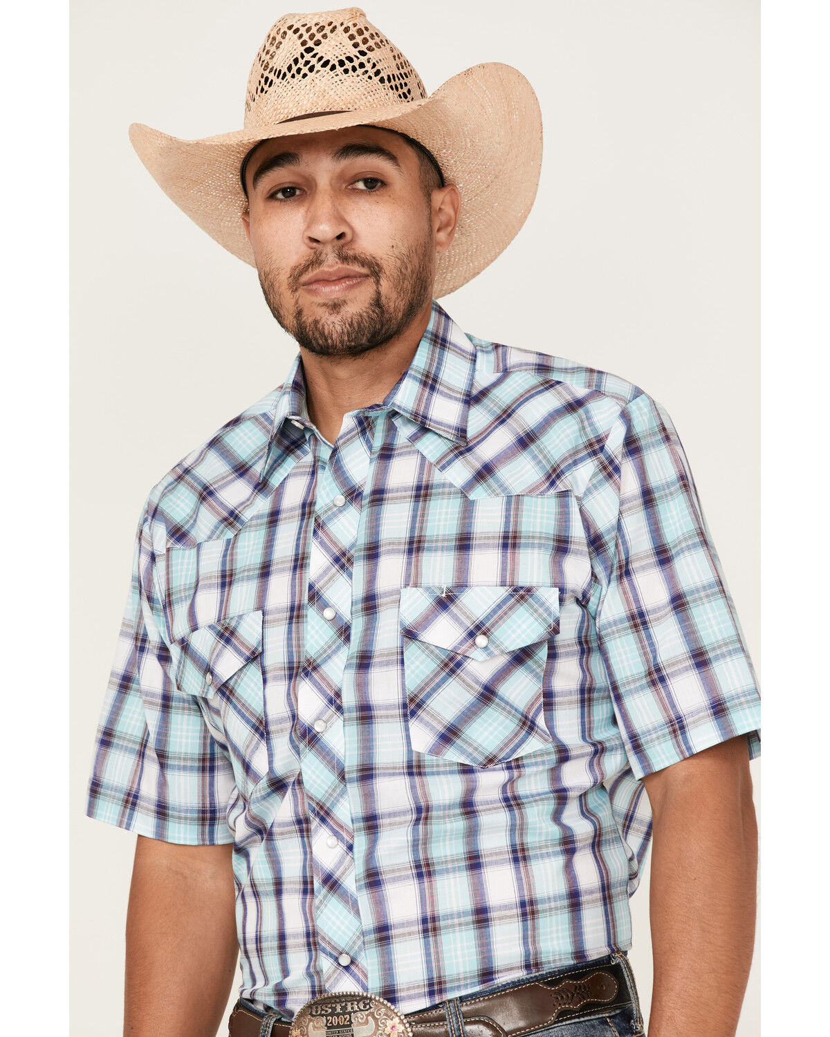 Image #2 - Roper Men's Classic Large Plaid Short Sleeve Pearl Snap Western Shirt, Blue, hi-res