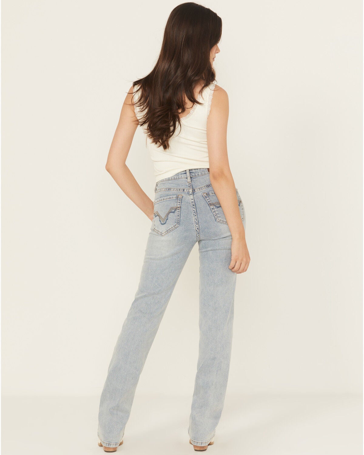 Rock & Roll Denim Women's Light Wash Mid Rise Two Toned Modest Bootcut Stretch Denim Jeans, Light Wash, hi-res