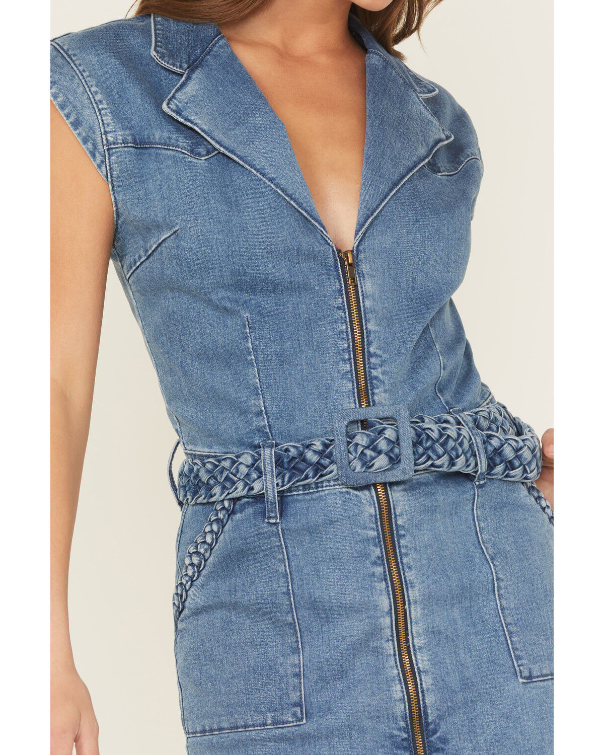 Image #3 - Rock & Roll Denim Women's Medium Wash Braided Short Sleeve Denim Mini Dress, Medium Wash, hi-res