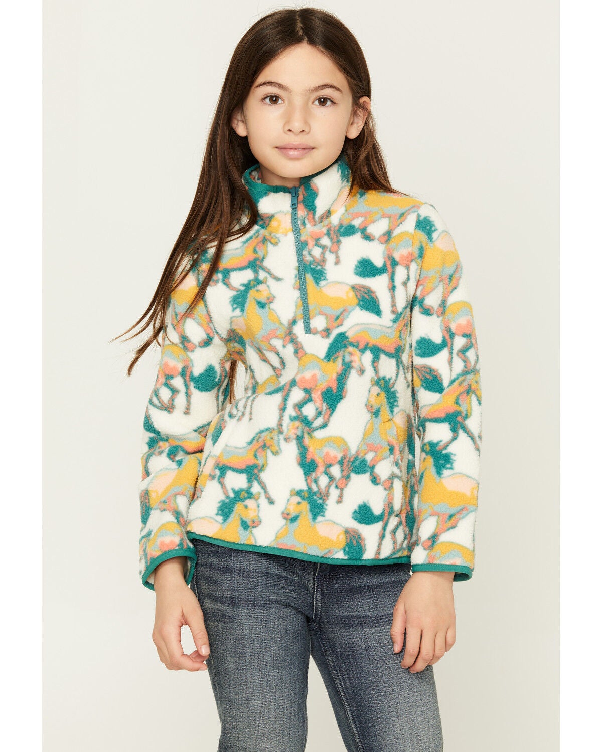 Wrangler Girls' Horse Print Sherpa Pullover, Multi, hi-res