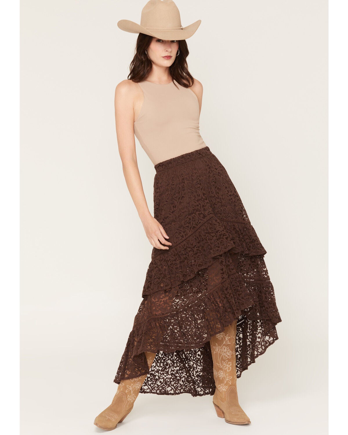 Shyanne Women's Mae High-Low Lace Midi Skirt, Cognac, hi-res