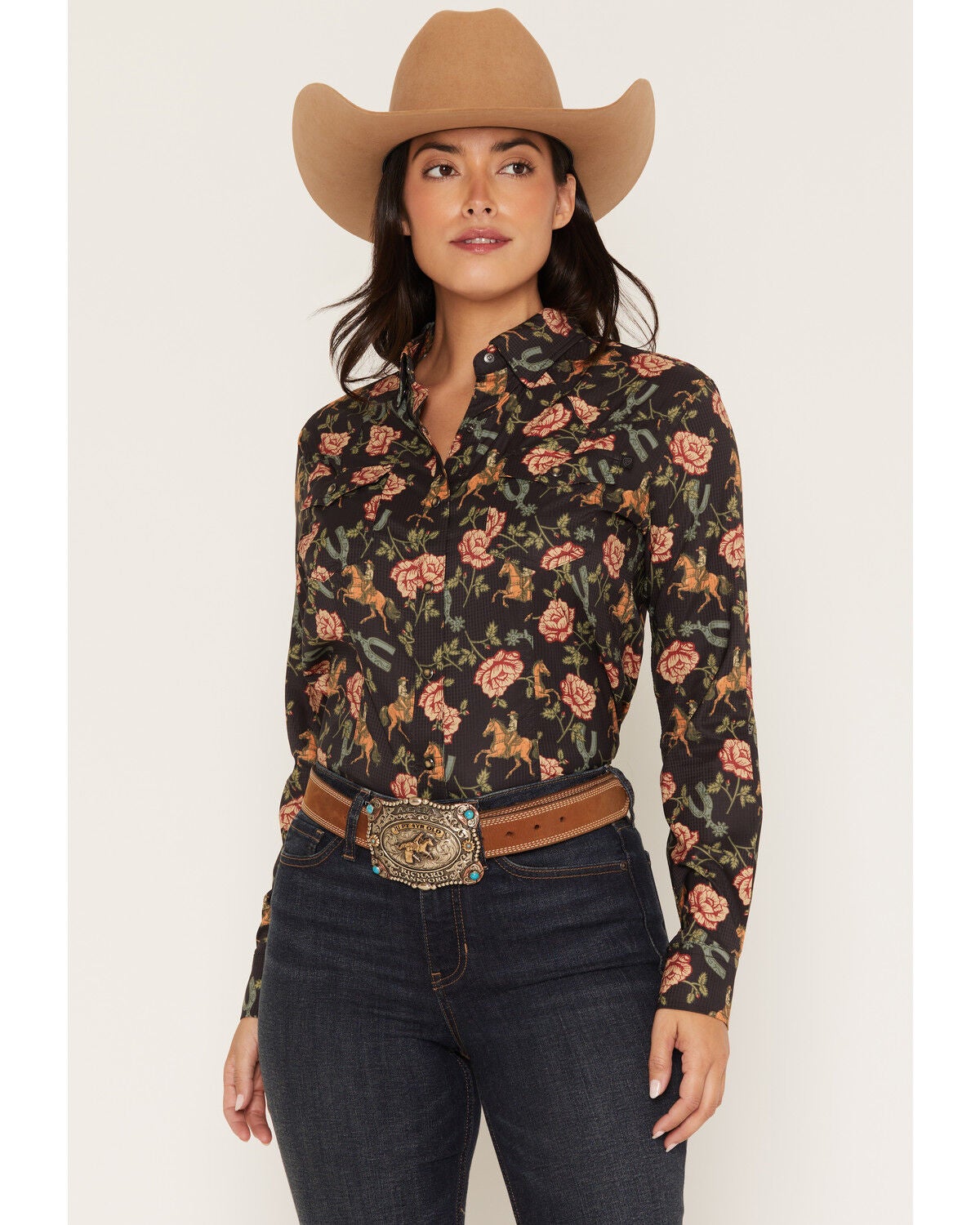 Image #1 - Rock & Roll Denim Women's Spur Floral Print Long Sleeve Snap Tek Western Shirt, Black, hi-res
