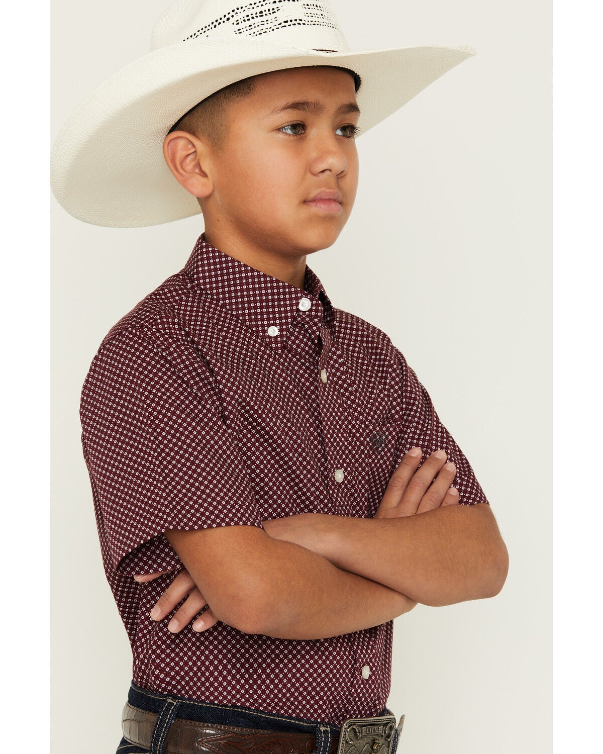 Image #2 - Ariat Boys' Geo Print Short Sleeve Button-Down Western Shirt, Maroon, hi-res