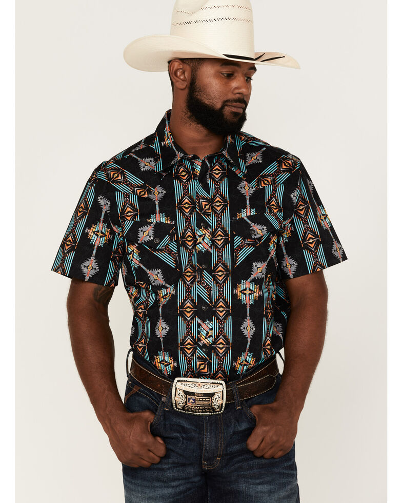 Rock & Roll Denim Men's Vertical Southwestern Print Short Sleeve Snap Western Shirt , Teal, hi-res