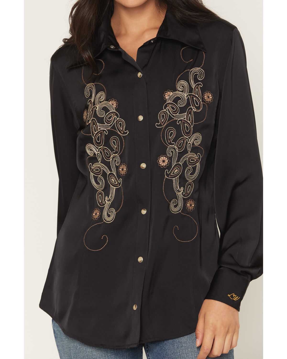 Image #3 - Wrangler X Lainey Wilson Women's Paisley Embroidered Long Sleeve Snap Satin Western Shirt, Black, hi-res