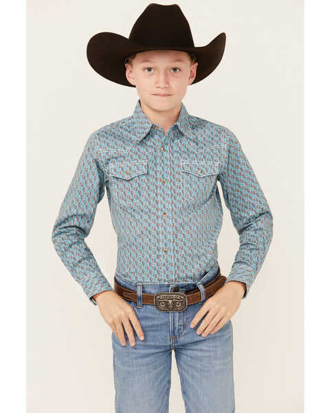 Image #1 - Wrangler Boys' Geo Print Long Sleeve Snap Comfort Western Shirt , Teal, hi-res