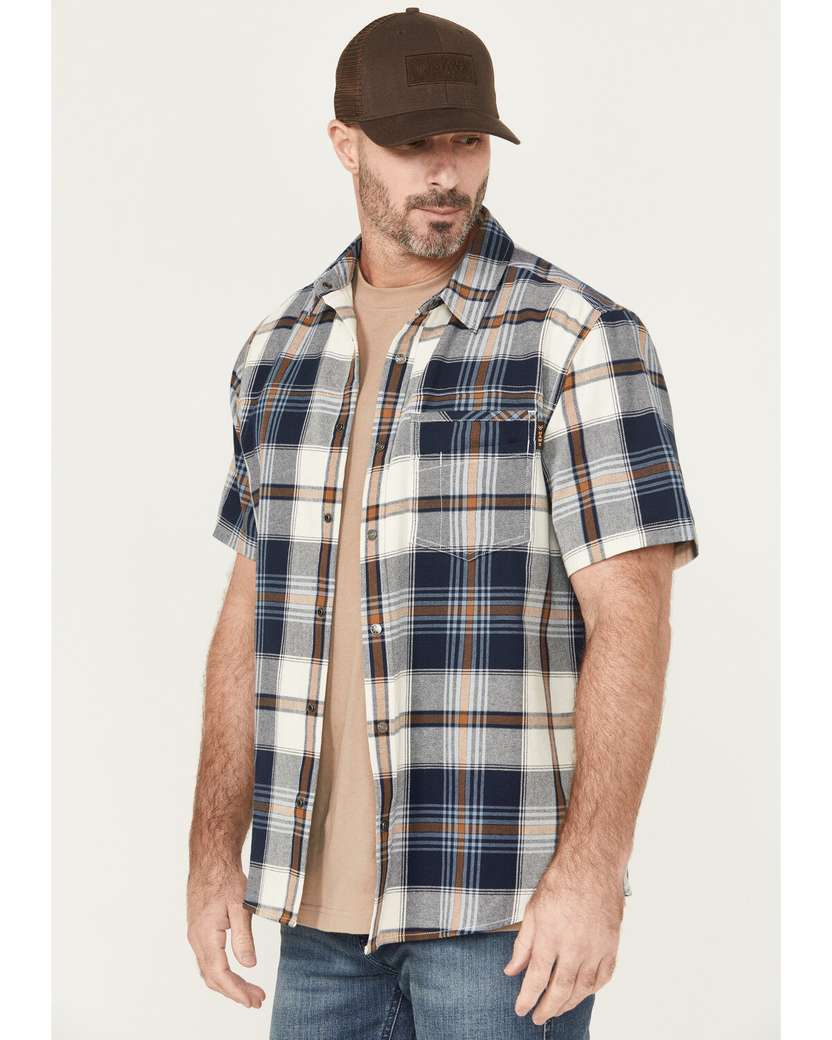 Image #2 - Hawx Men's Hedgerow Plaid Print Short Sleeve Snap Work Shirt, Navy, hi-res
