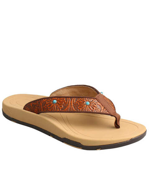 Image #1 - Twisted X Women's Tooled Studded Sandals, Tan, hi-res