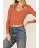 Image #2 - Wild Moss Women's Solid Long Sleeve Raw Edge Ribbed Knit Top, Rust Copper, hi-res