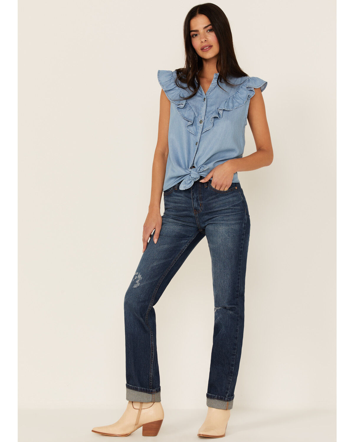 Image #2 - Tasha Polizzi Women's Chambray Ruffle Sleeveless Shirt, Blue, hi-res