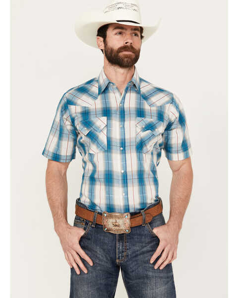 Image #1 - Ely Walker Men's Plaid Print Short Sleeve Pearl Snap Western Shirt , Teal, hi-res