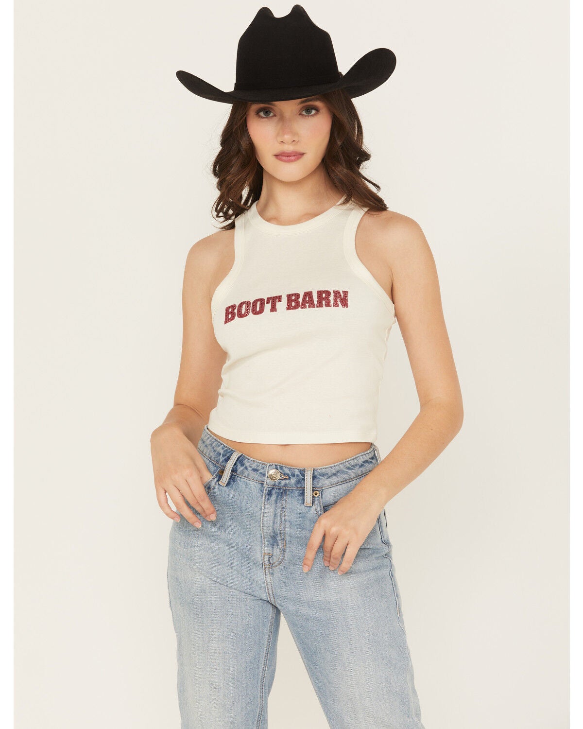 Boot Barn Women's Rhinestone Logo Racerback Tank, Ivory, hi-res