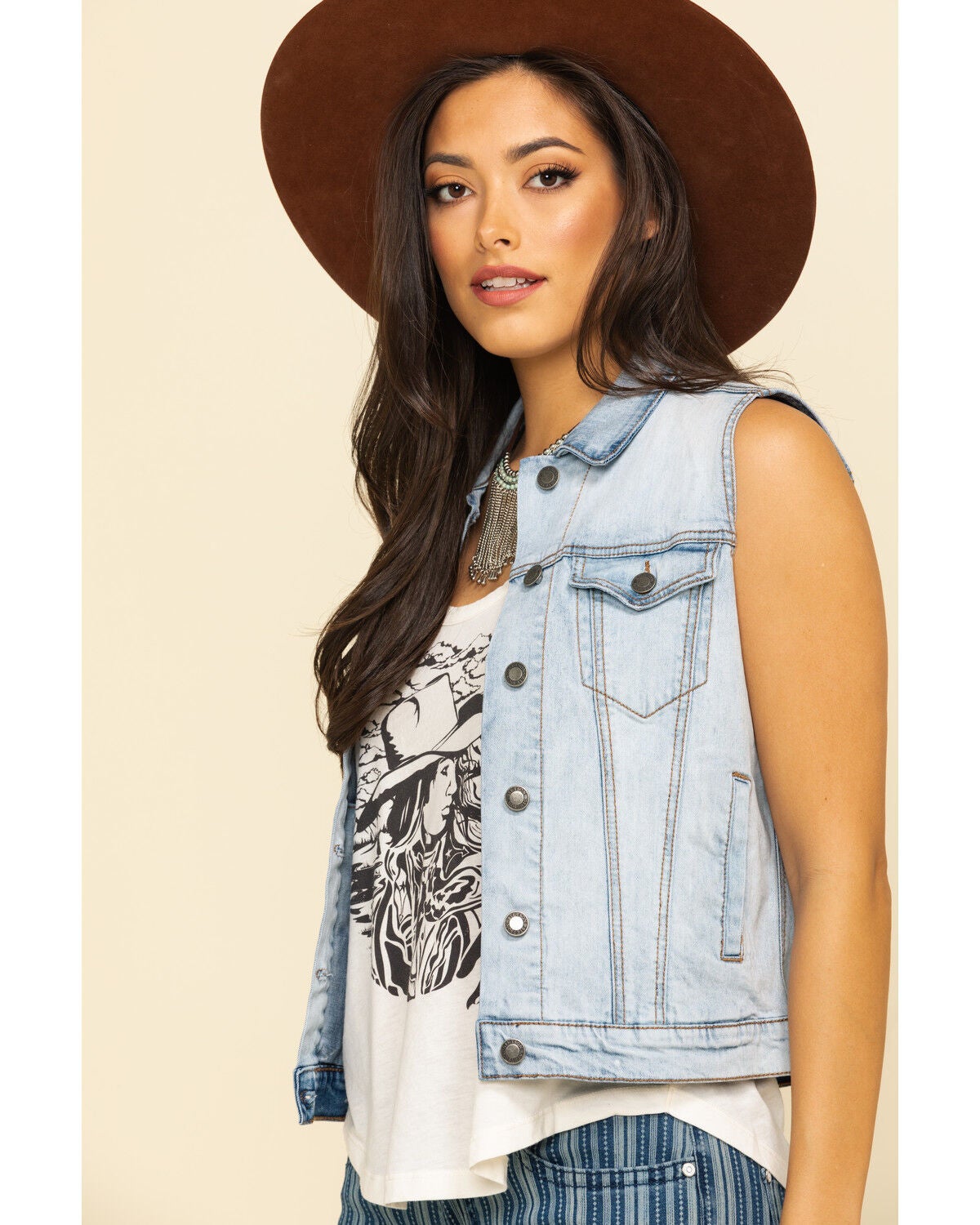 Image #5 - Stetson Women's Light Denim Horseshoe Vest, Blue, hi-res