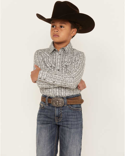 Image #1 - Cody James Boys' Southwestern Print Long Sleeve Western Snap Shirt, Dark Blue, hi-res