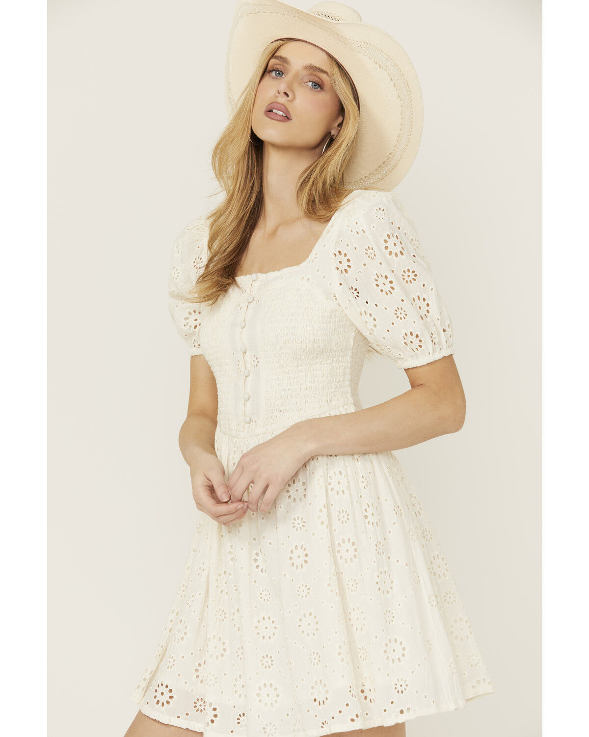 Image #2 - Rock & Roll Denim Women's Eyelet Short Sleeve Mini Dress, Cream, hi-res