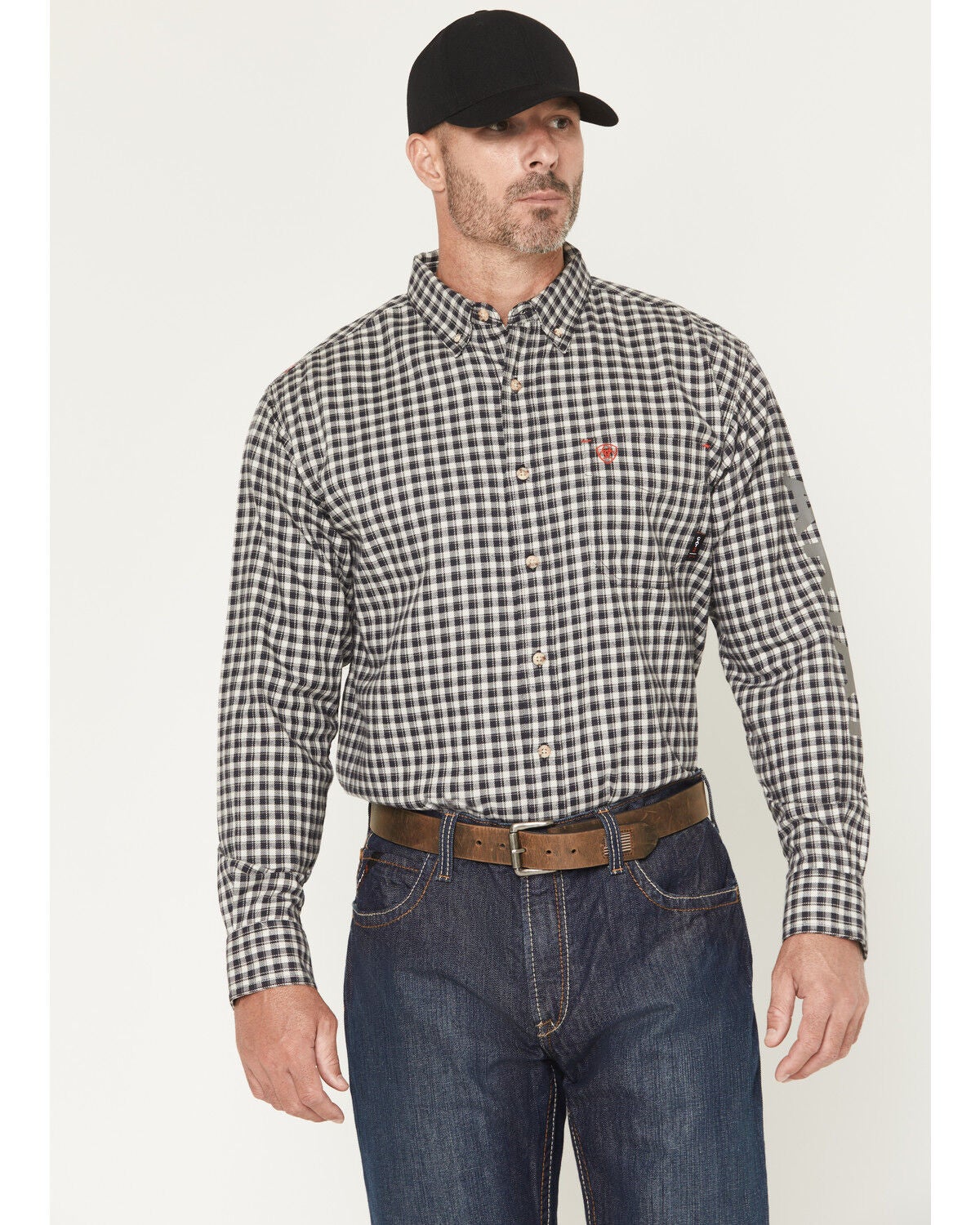 Image #1 - Ariat Men's FR Koufax Logo Long Sleeve Button-Down Work Shirt, Black/white, hi-res