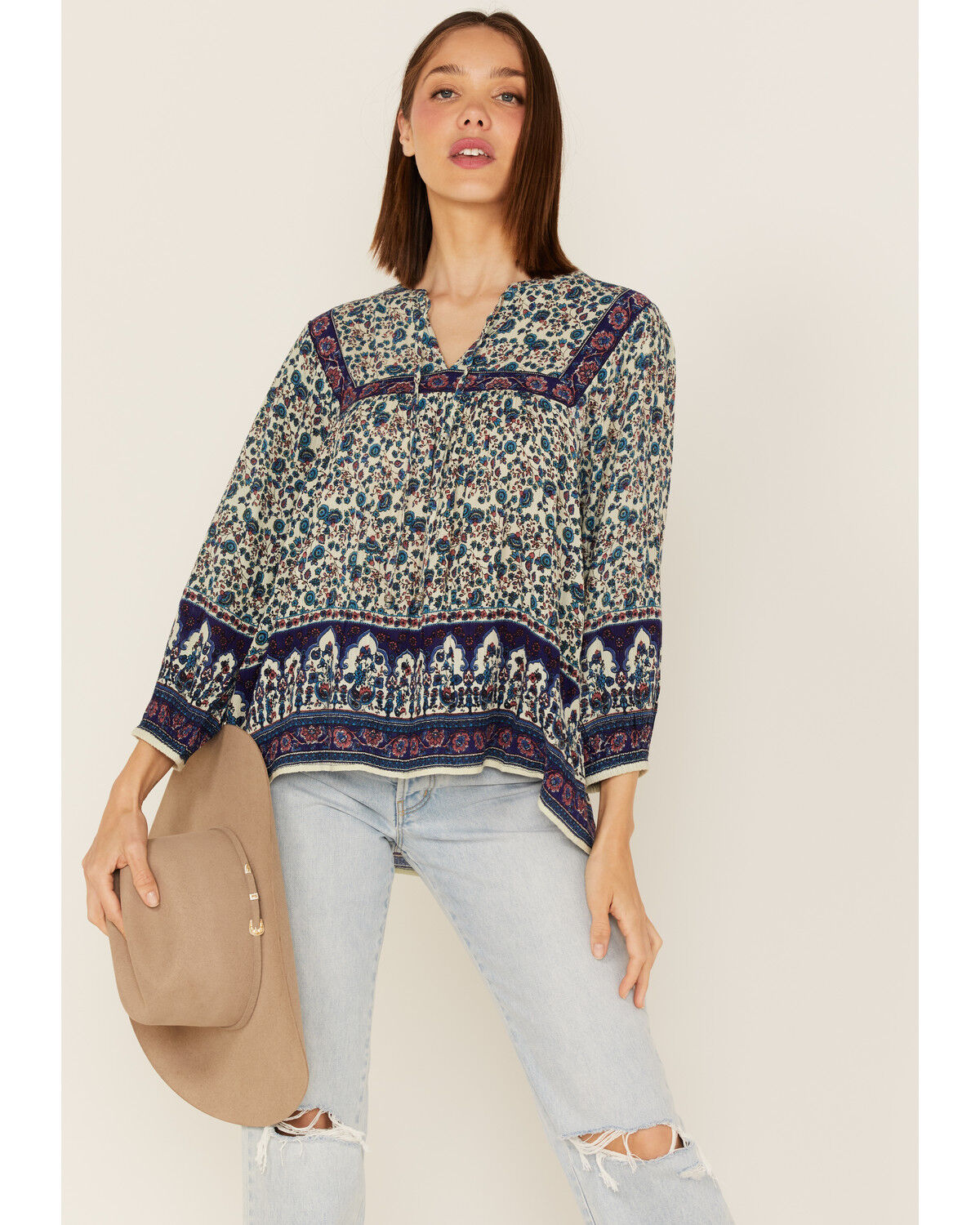 Image #1 - Bila Women's Floral Print Long Sleeve Shirt, Blue, hi-res