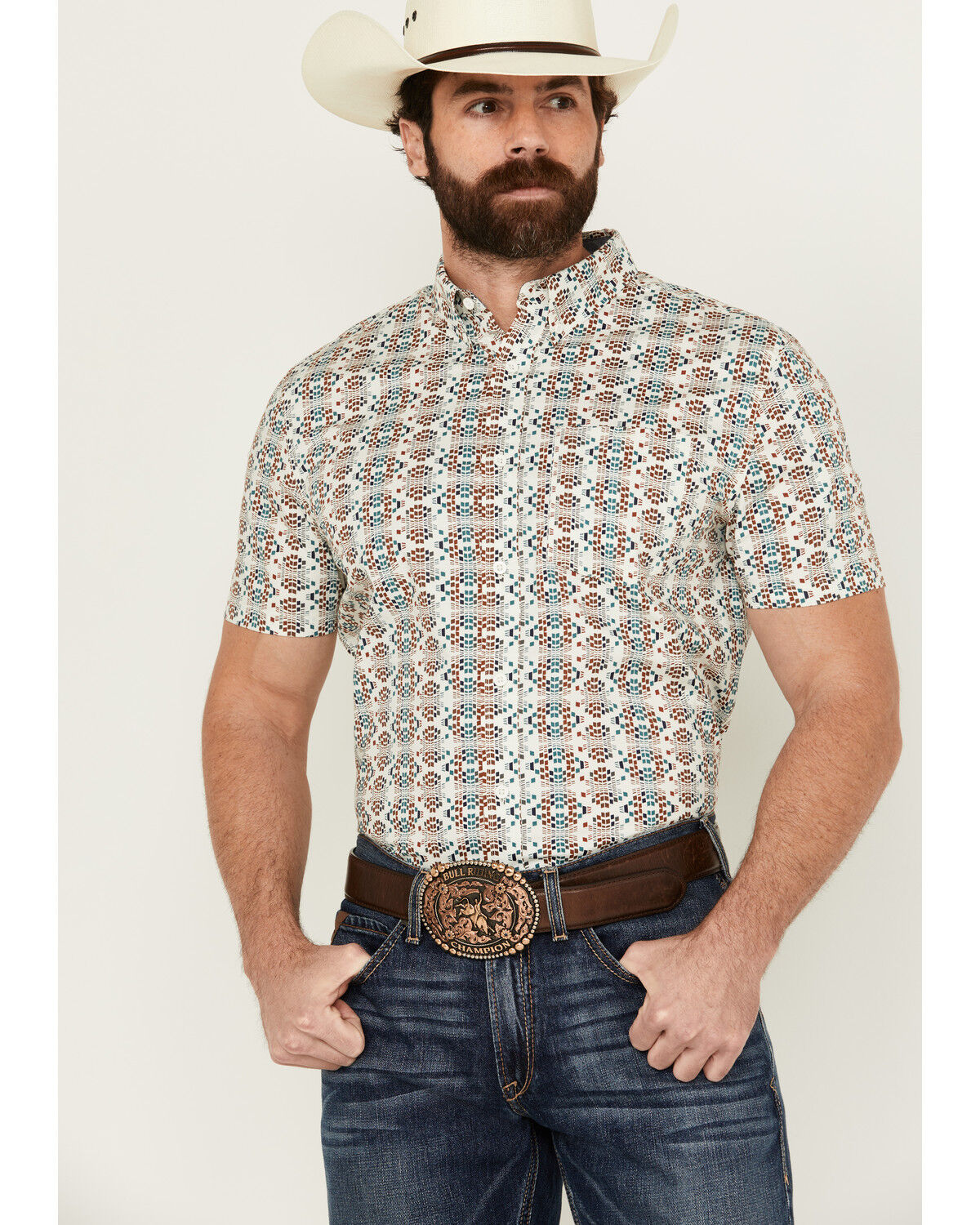 Image #1 - RANK 45® Men's Westgate Abstract Geo Print Short Sleeve Button-Down Stretch Western Shirt, Ivory, hi-res