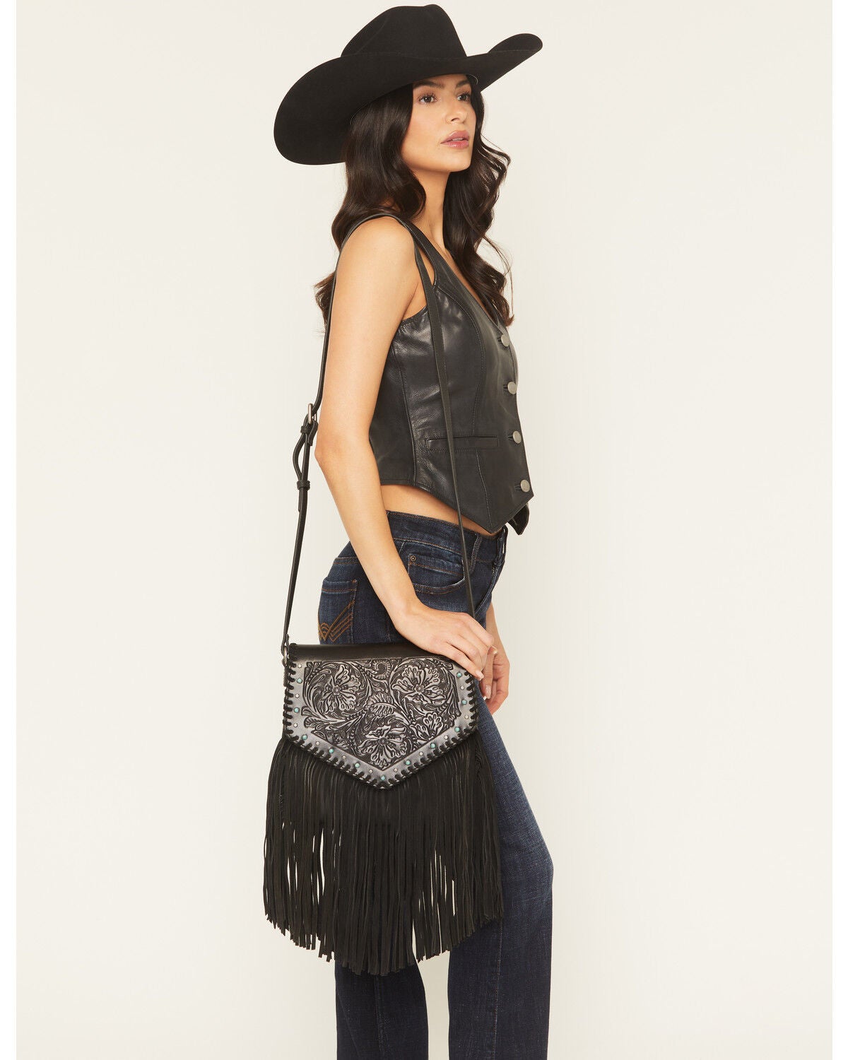 Idyllwind Women's Granada Tooled Fringe Crossbody Bag, Black, hi-res
