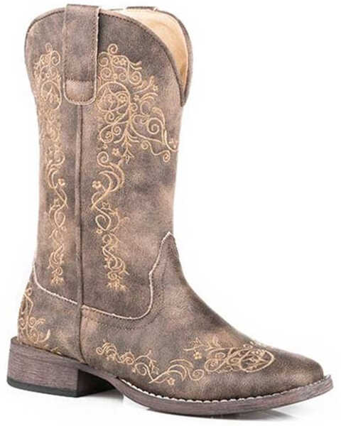 Roper Women's Riley Scroll Vintage Faux Performance Western Boots - Square Toe , Brown, hi-res