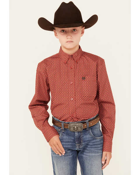 Image #1 - Cinch Boys' Geo Print Long Sleeve Button Down Western Shirt, Red, hi-res