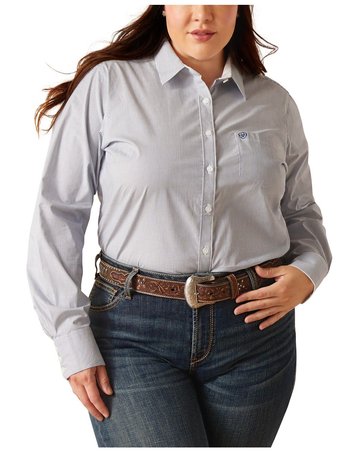 Image #1 - Ariat Women's Kirby Striped Print Long Sleeve Button-Down Stretch Western Shirt - Plus, Blue, hi-res