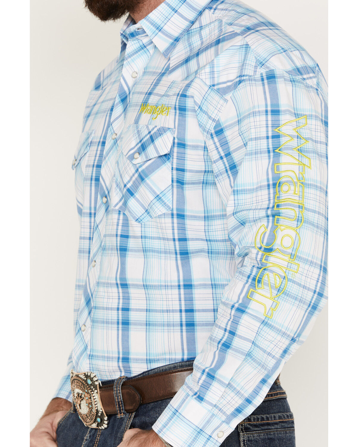 Image #3 - Wrangler Men's Logo Plaid Print Long Sleeve Western Snap Shirt, Light Blue, hi-res