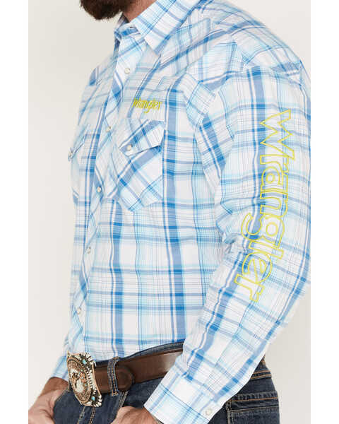 Image #3 - Wrangler Men's Plaid Long Sleeve Western Snap Shirt, Light Blue, hi-res