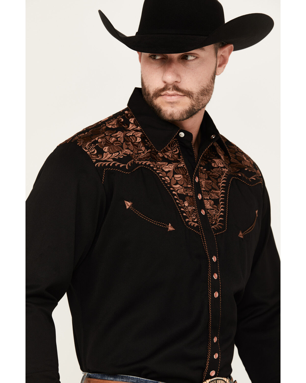 Image #4 - Scully Men's Embroidered Gunfighter Long Sleeve Snap Western Shirt, Black, hi-res