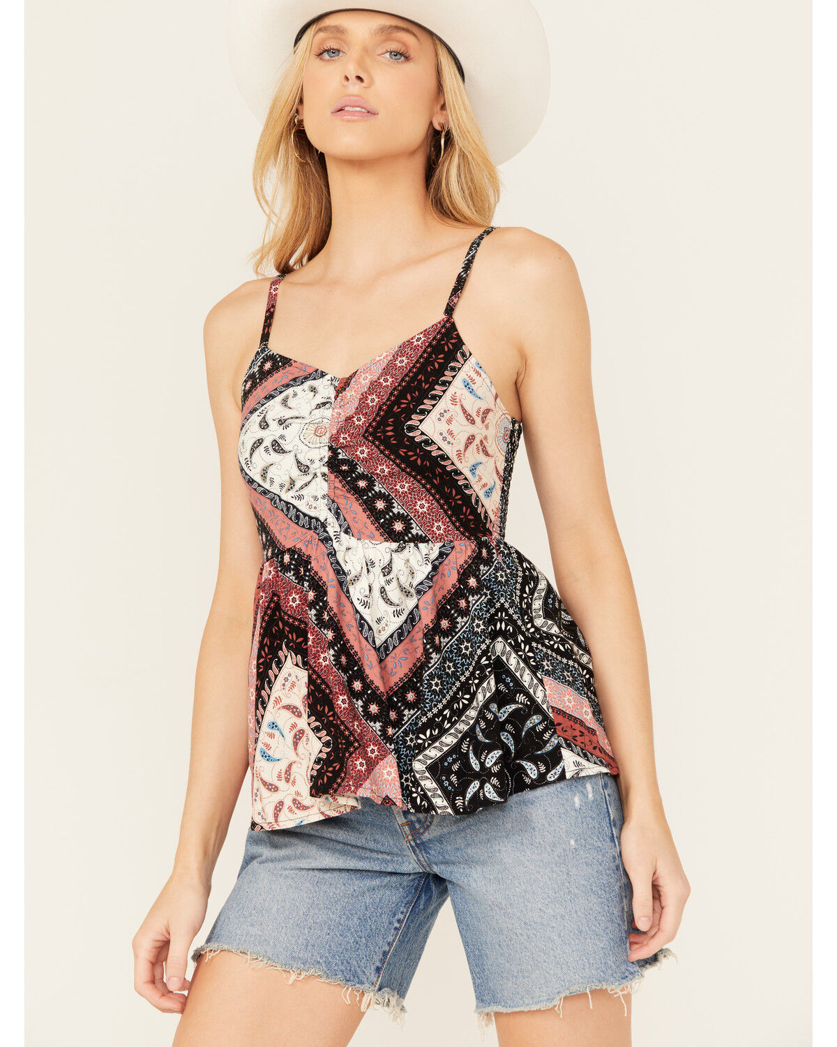 Image #1 - Shyanne Women's Patchwork Printed Smocked Cami Tank, Indigo, hi-res