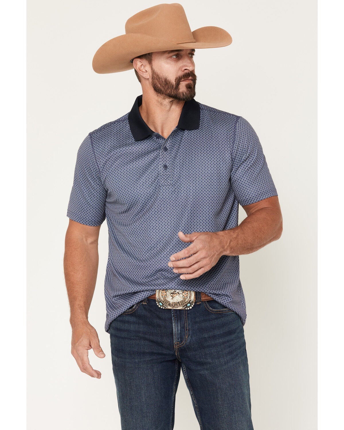 RANK 45&reg; Men's Urban Rancher Geo Print Short Sleeve Button-Down Polo Shirt, Navy, hi-res