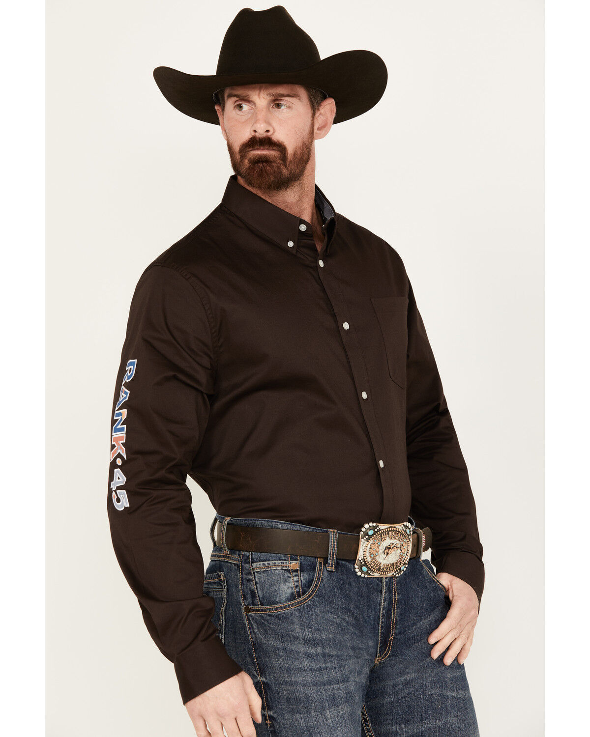 Image #1 - Rank 45® Men's Solid Basic Twill Logo Long Sleeve Button-Down Western Shirt, Coffee, hi-res
