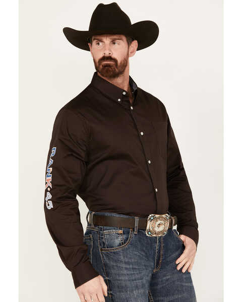 Rank 45 Men's Solid Basic Twill Logo Long Sleeve Button-Down Western Shirt , Coffee, hi-res