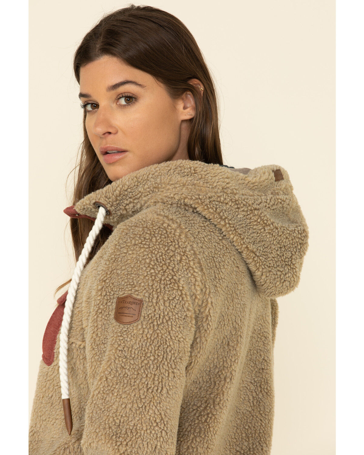 Image #4 - Wanakome Women's Fay Snap Neck Sherpa Hooded Pullover, Tan, hi-res