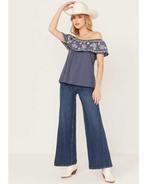 Image #1 - Panhandle Women's Off The Shoulder Floral Embroidered Top, Navy, hi-res