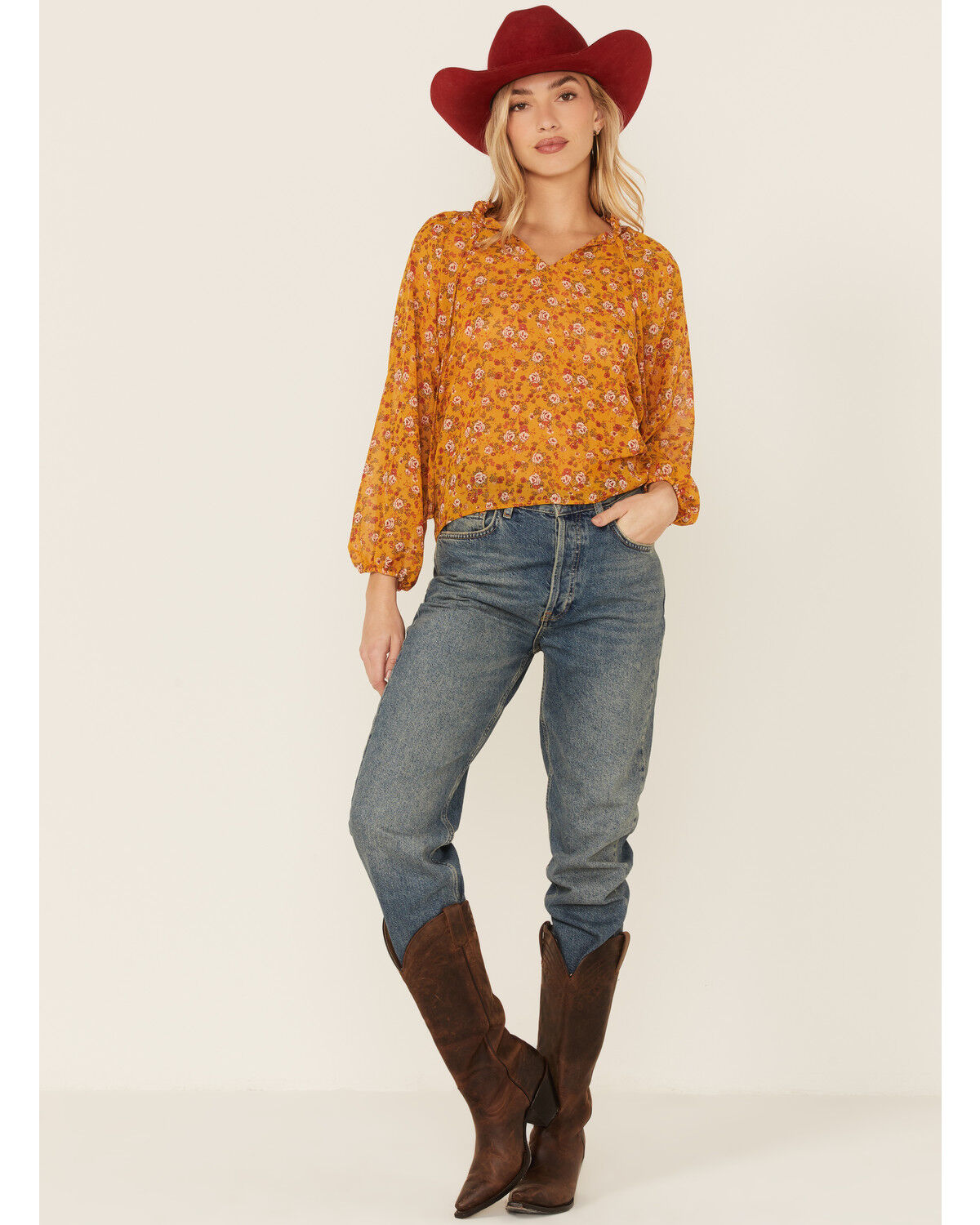 Image #4 - Wild Moss Women's Ruffle Neck Peasant Blouse, Mustard, hi-res