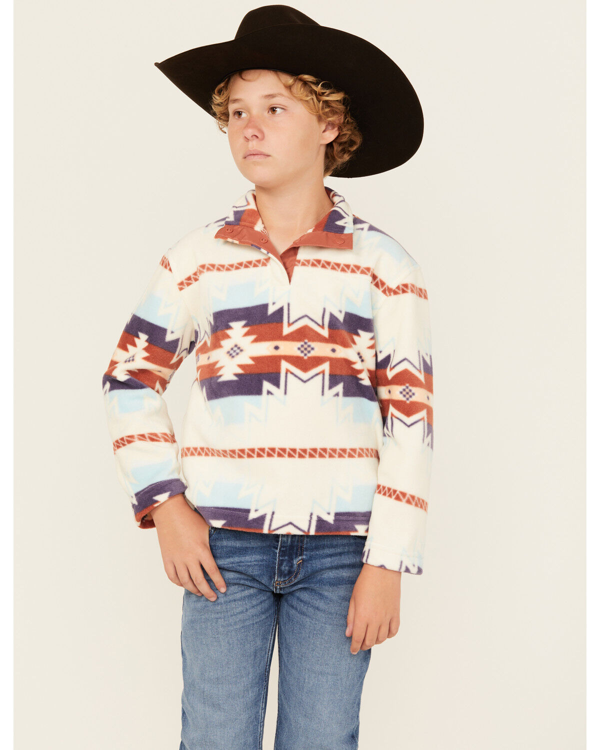 Image #1 - Roper Boys' Southwestern Print 1/4 Snap Fleece Pullover, Ivory, hi-res