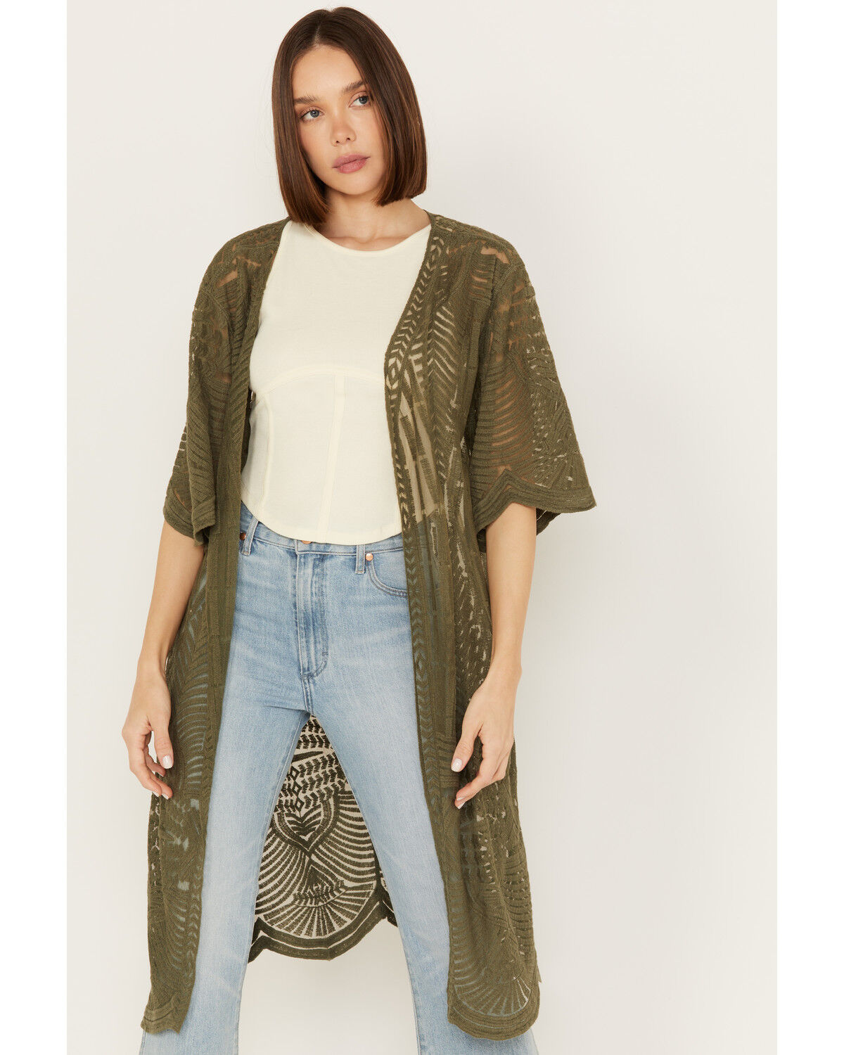 Image #1 - Shyanne Women's Geo Print Lace Short Sleeve Kimono, Olive, hi-res