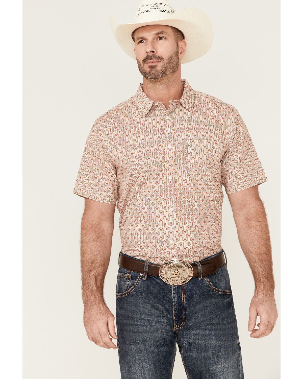 Image #1 - Gibson Men's Cabana Geo Print Short Sleeve Button-Down Western Shirt, Cream, hi-res