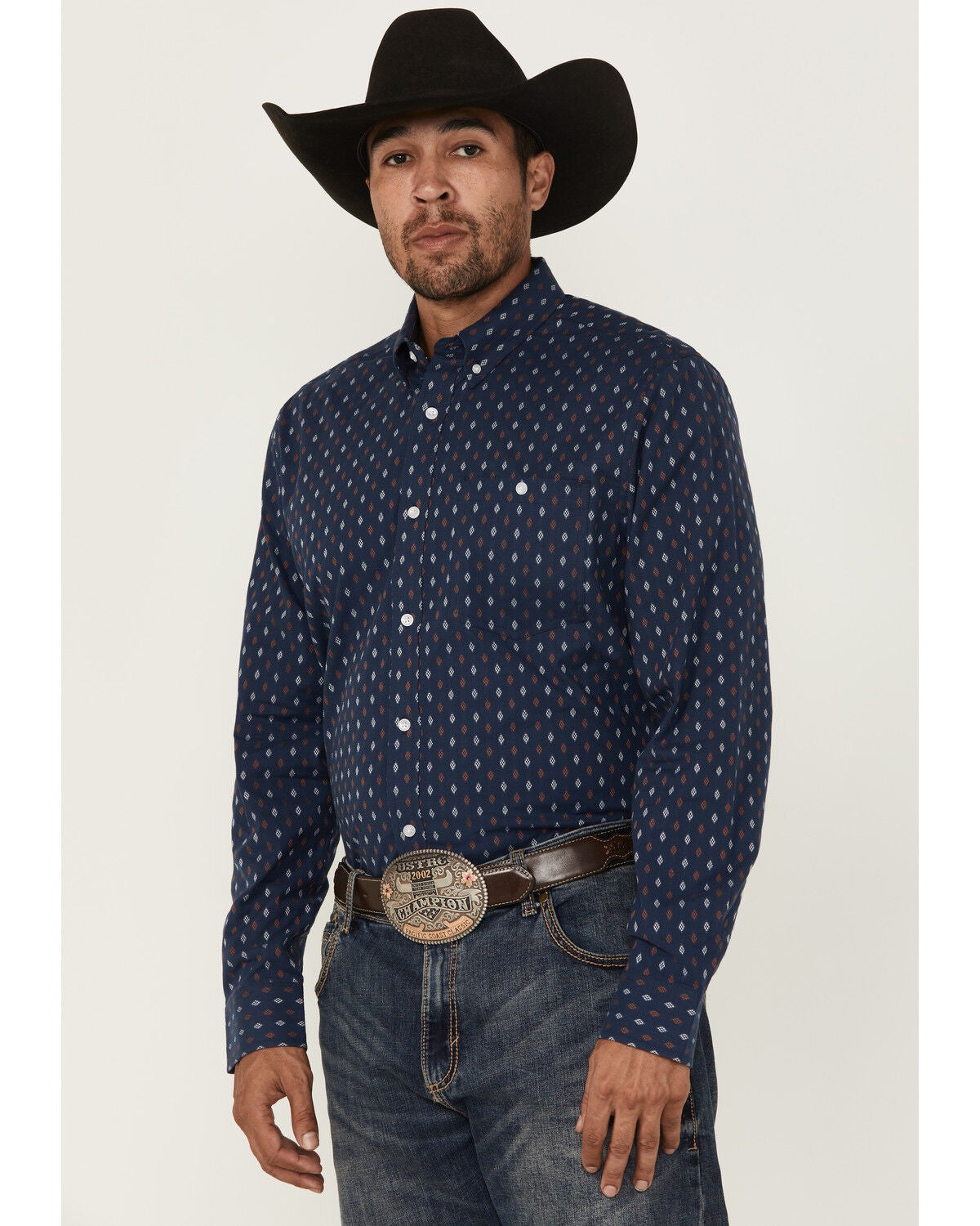 RANK 45&reg; Men's Repocharge Geo Print Long Sleeve Button-Down Stretch Western Shirt, Navy, hi-res