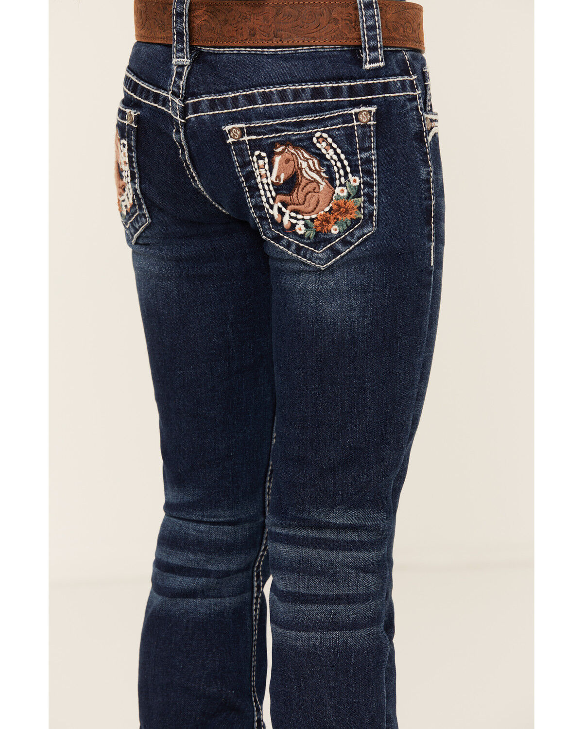 Image #2 - Shyanne Little Girls' Dark Wash Horseshoe Pocket Bootcut Stretch Denim Jeans, Medium Wash, hi-res