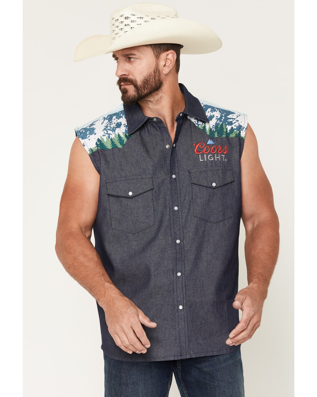 Coors Men's Boot Barn Exclusive Mountain Sleeveless Pearl Snap Bubba, Blue, hi-res